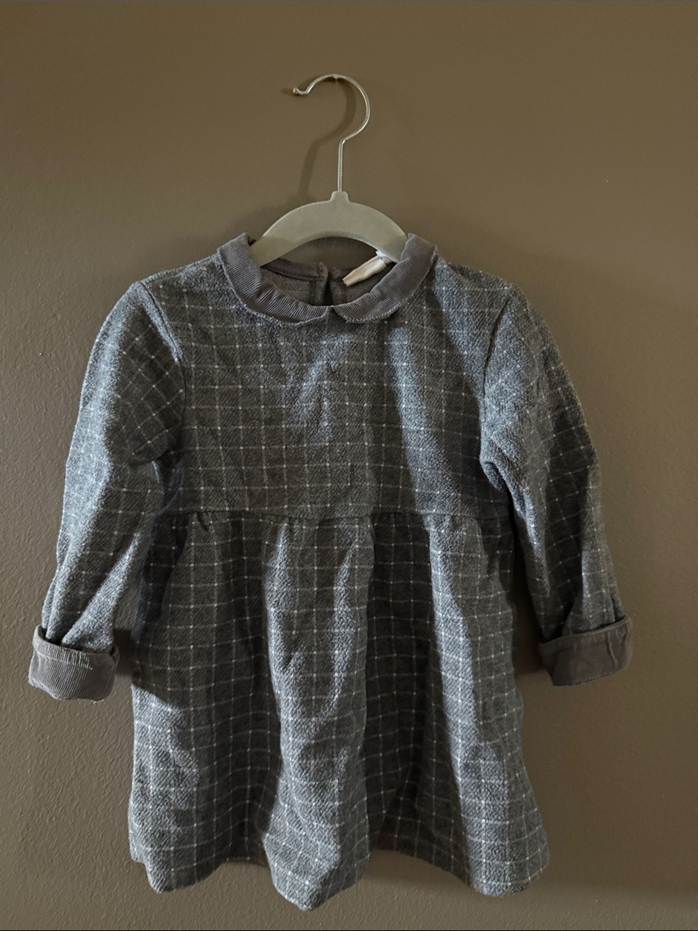 Zara Gray Checked Long-Sleeve Dress with Peter Pan Collar